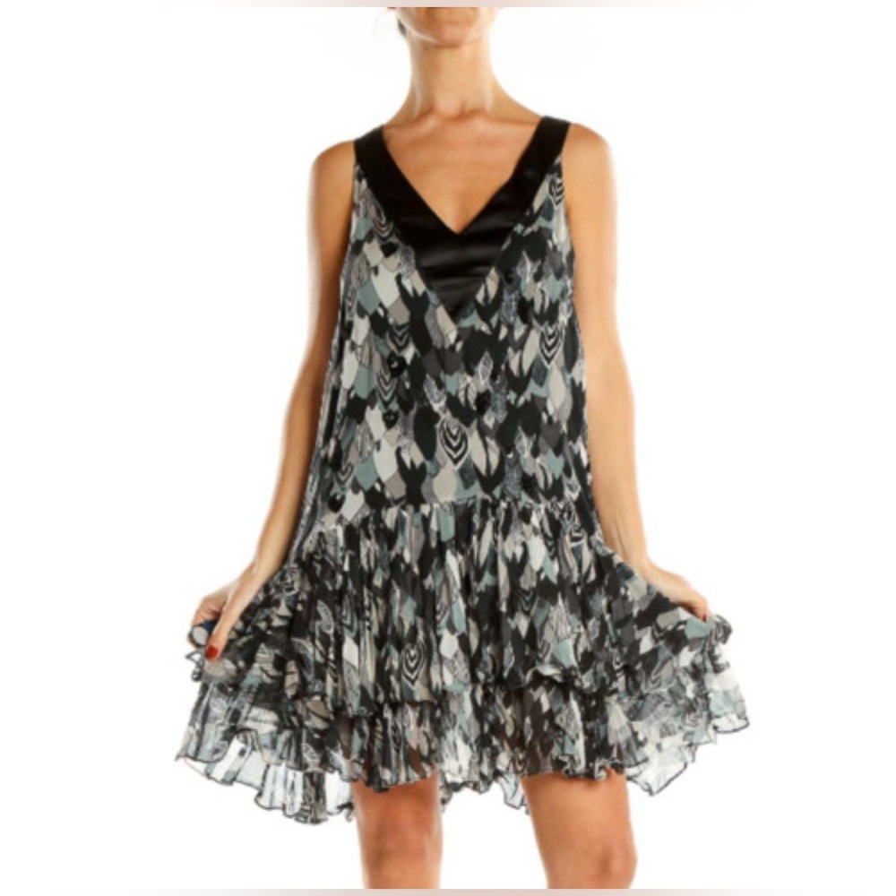 French Connection Elegant Sequin and Sheer Layered V-Neck Halter Top Dress